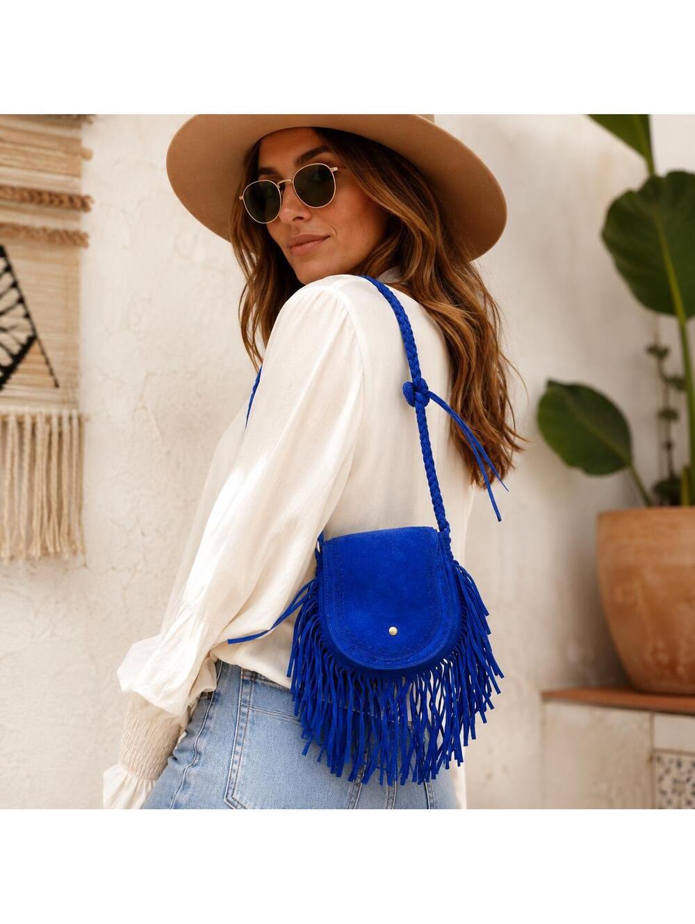 Vintage Royal Blue Fringed Suede Cross Body Bag NEW NEVER USED